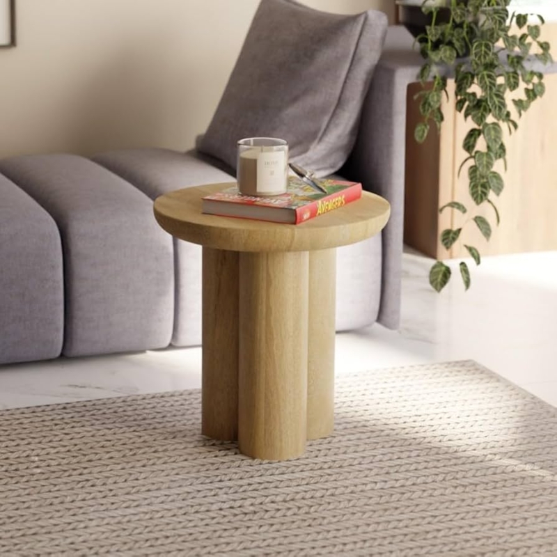 End Table Ribbed Pedestal Base Thick Circular Top Farmhouse