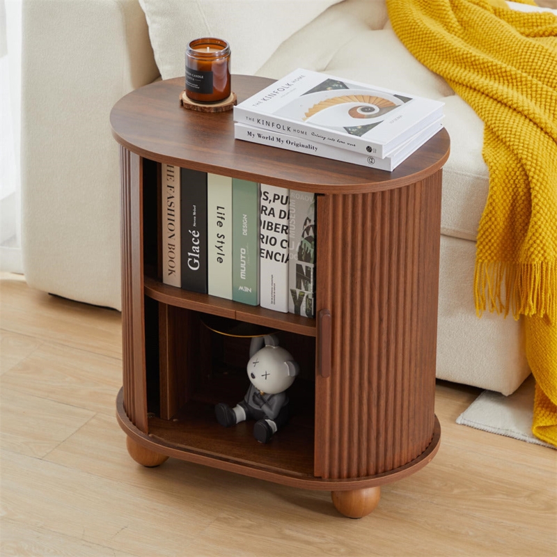 End Table Ribbed Sliding Door, Walnut Mid-Century Modern Bedroom Storage.