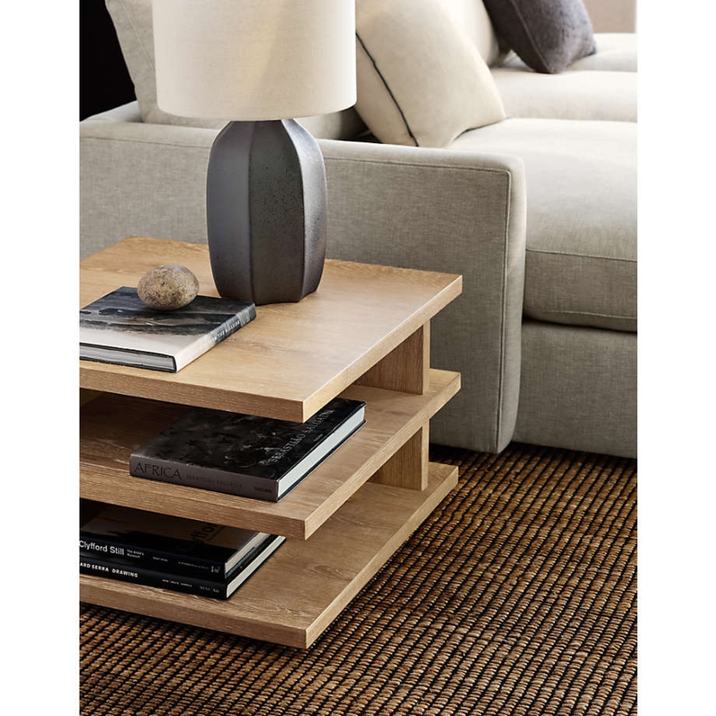 End Table Ribbed Surface Tiered Shelves Natural Oak Finish Slatted