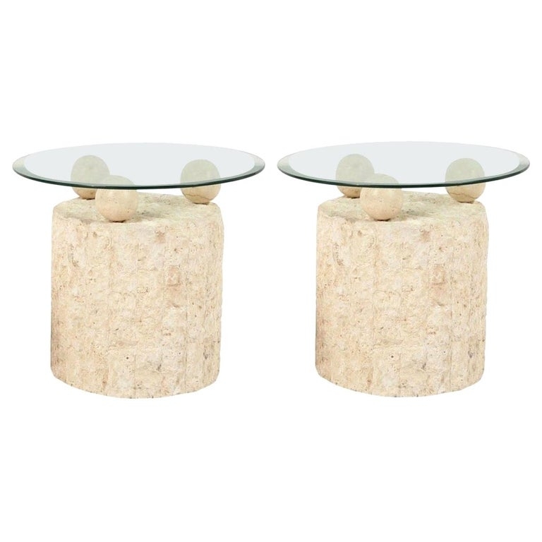 End Table Rough-Hewn Stone Base Glass Top Spherical Accent Postmodern