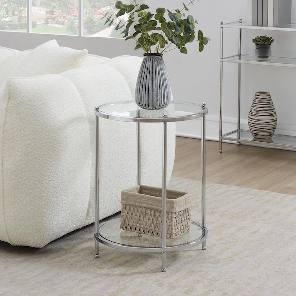 End Table Round 2-Tier Tubular Chrome Frame Glass Shelves
