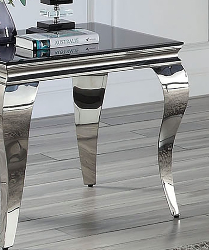 End Table, Round Black Glass Top, Sculptural Silver Pedestal Base