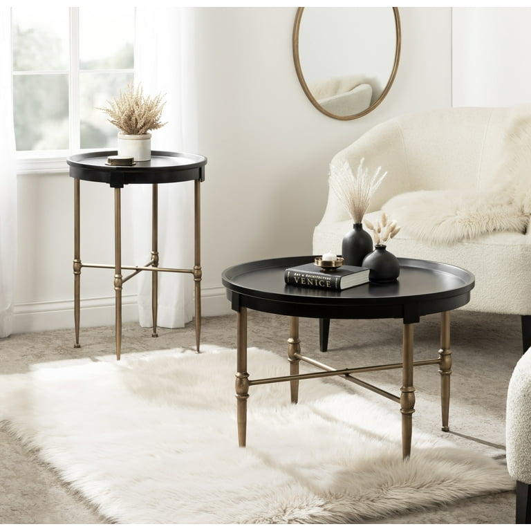 End Table, Round Black Tray Top, Antique Gold Geometric Metal Base