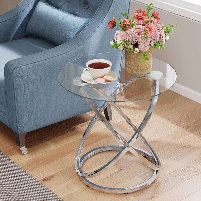 End Table Round Chrome Geometric Interlocking Rings Glass Top