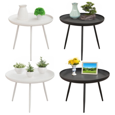 End Table Round Dark Wood Top Black Metal Slender Tripod Legs