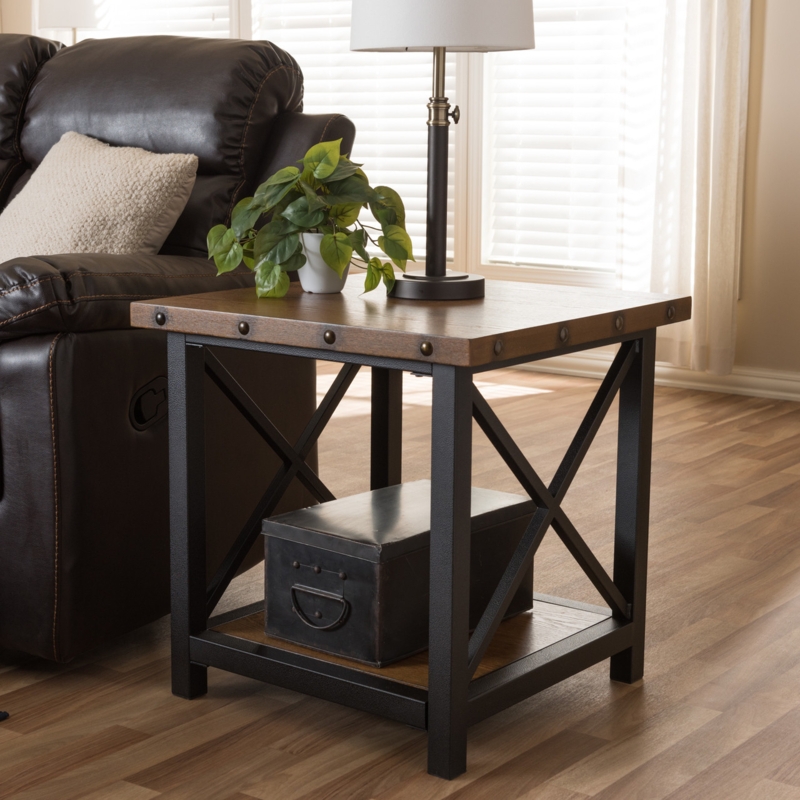 End Table Round Distressed Wood X-Cross Brace Rustic Industrial