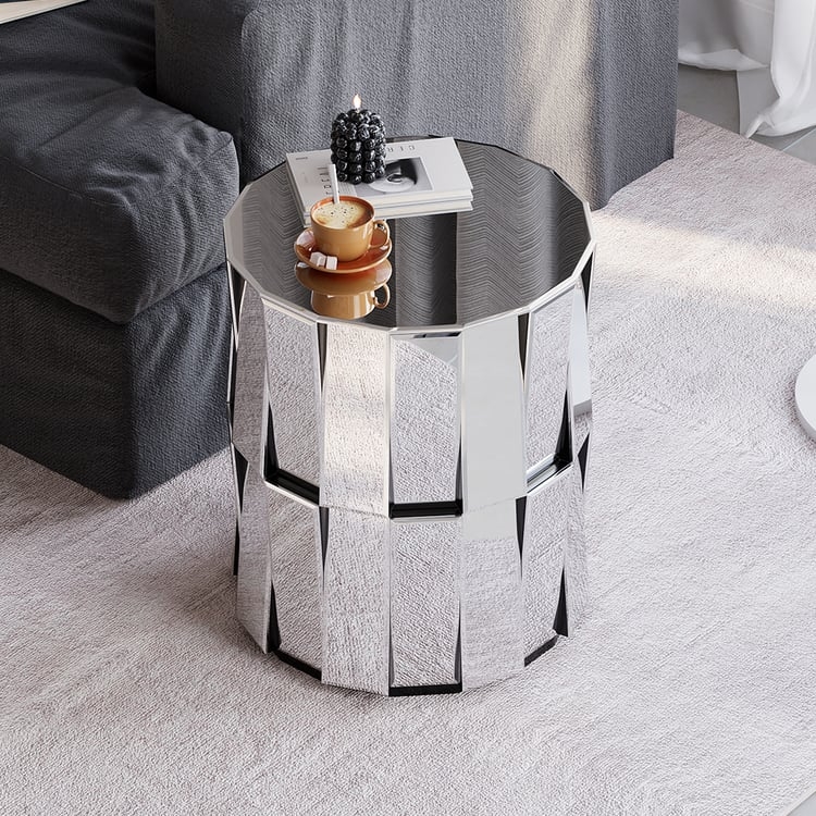 End Table, Round Drum Shape, Mirrored Mosaic Grid Pattern Finish