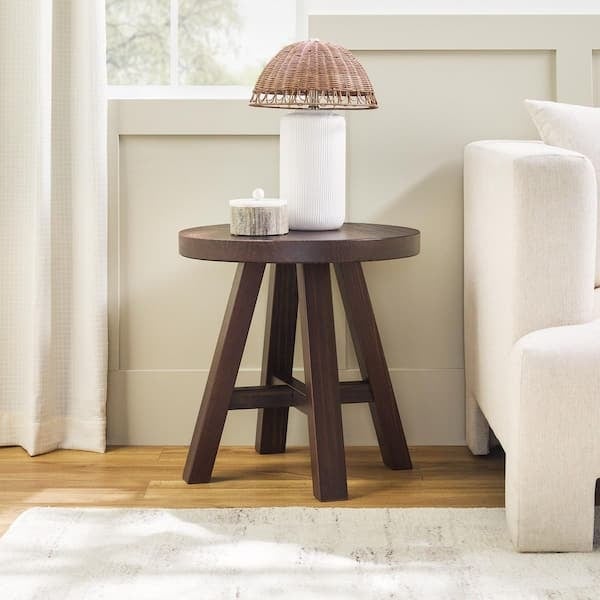End Table Round Espresso Compact Design Rustic Wood Shelf