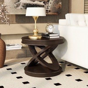 End Table Round Espresso Finish Wood X-Shape Base Transitional