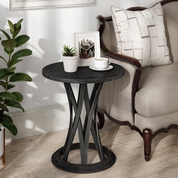 End Table Round Farmhouse Silhouette Distressed Black Beveled Edge