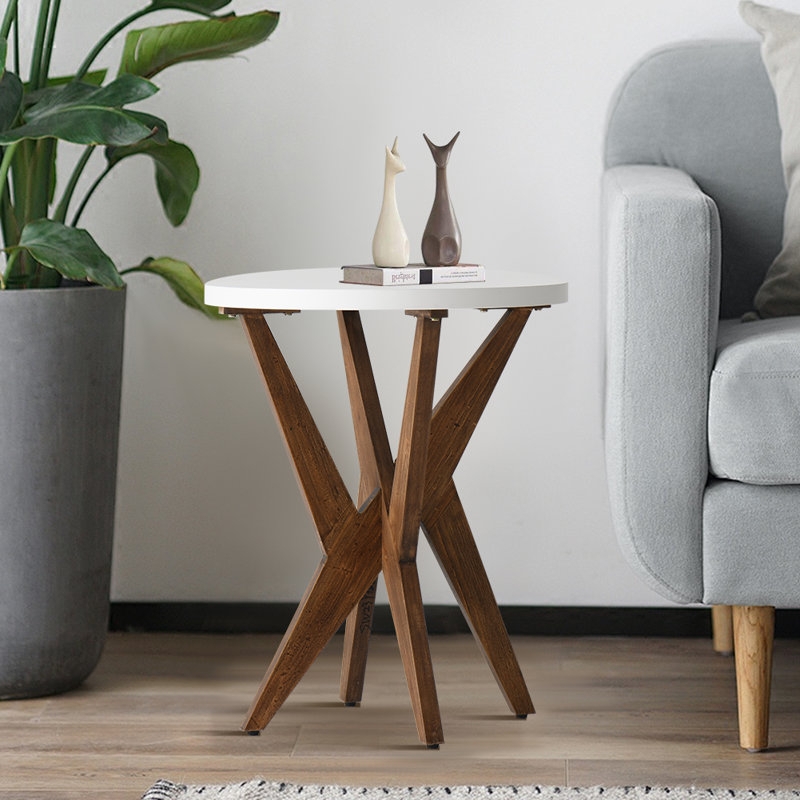 End Table Round Four Leg White Top Wood Base Mid Century