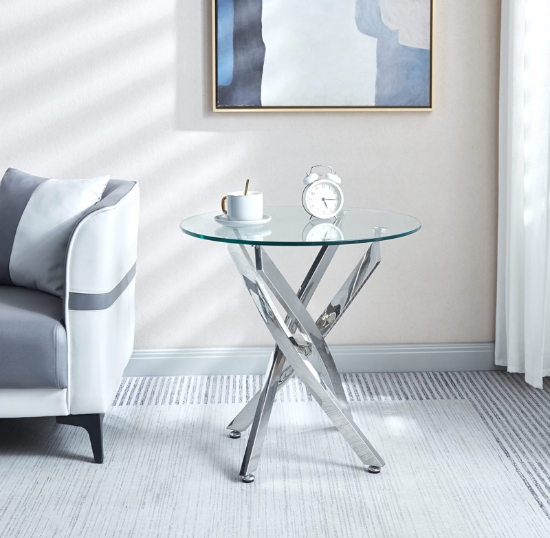End Table Round Glass Top Chrome Tripod Base Minimalist