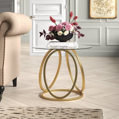 End Table Round Glass Top, Polished Chrome Tripod Base, Curved Legs.