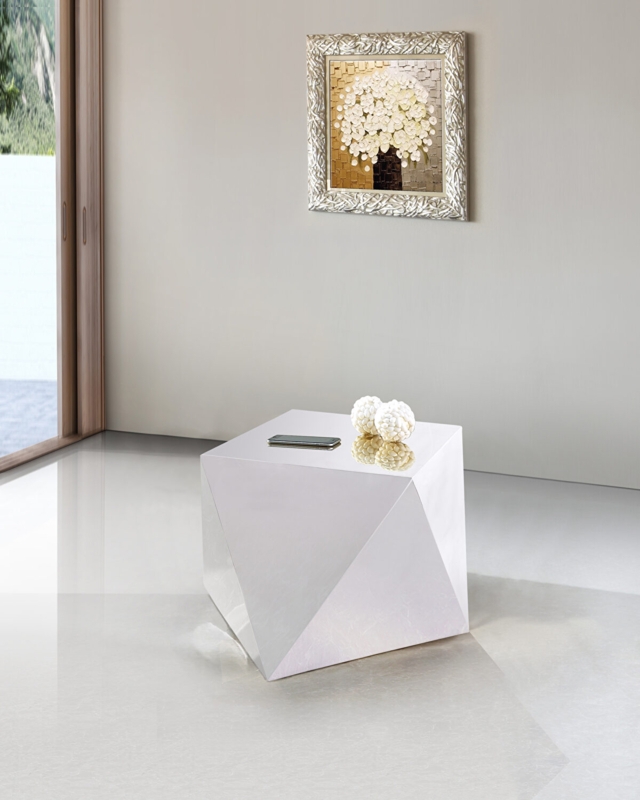 End Table Round Glass Top Polished Metallic Geometric Lattice Base