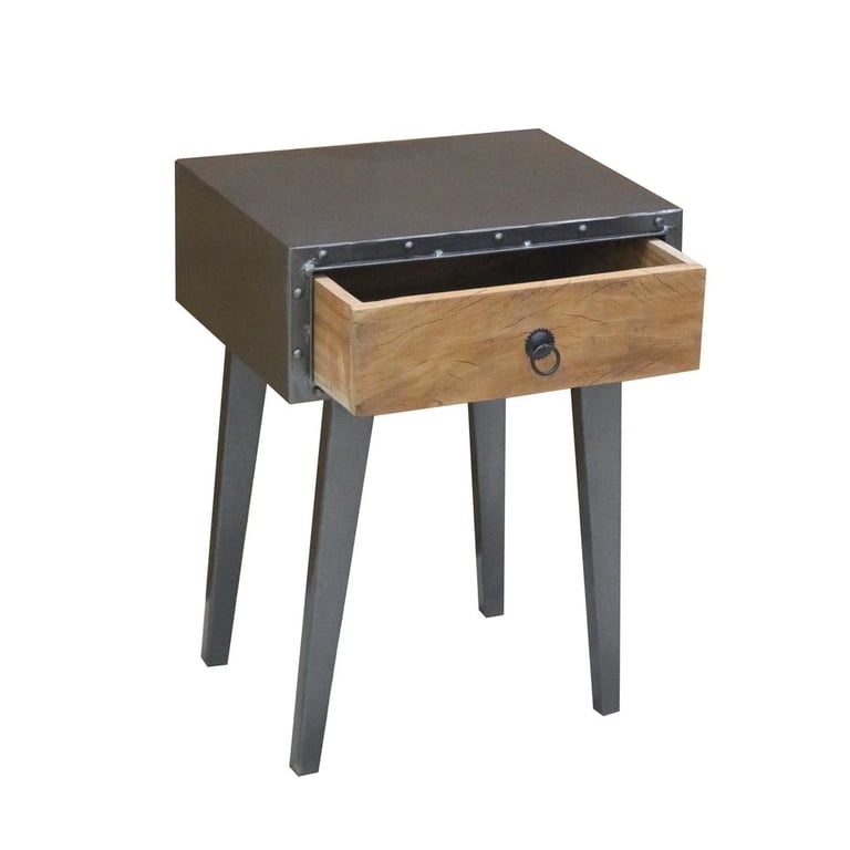 End Table Round Granola Tan Wood Black Metal Frame Open Storage Shelf