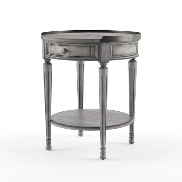 End Table Round Gray Wash Wood Single Drawer Lower Shelf Storage