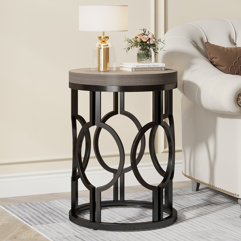 End Table Round Gray Wood Thick Top Metal Drum Frame Modern