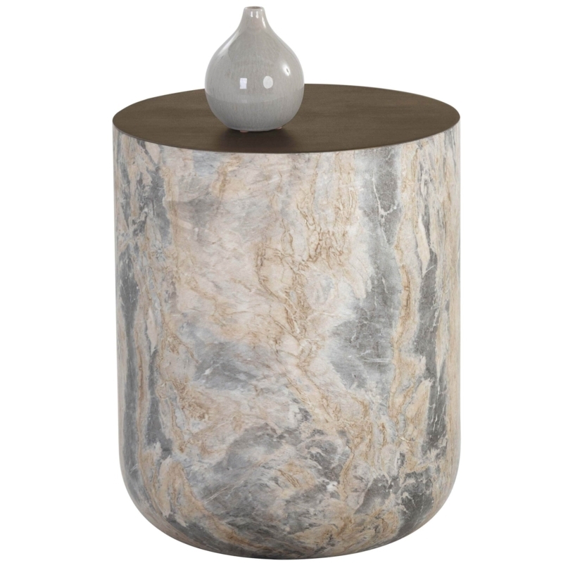 End Table Round Marble Look Antique Brass Intersecting Crescent Base
