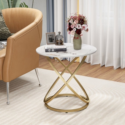 End Table, Round Marble-Look Top, Gold Circular Stretcher Base