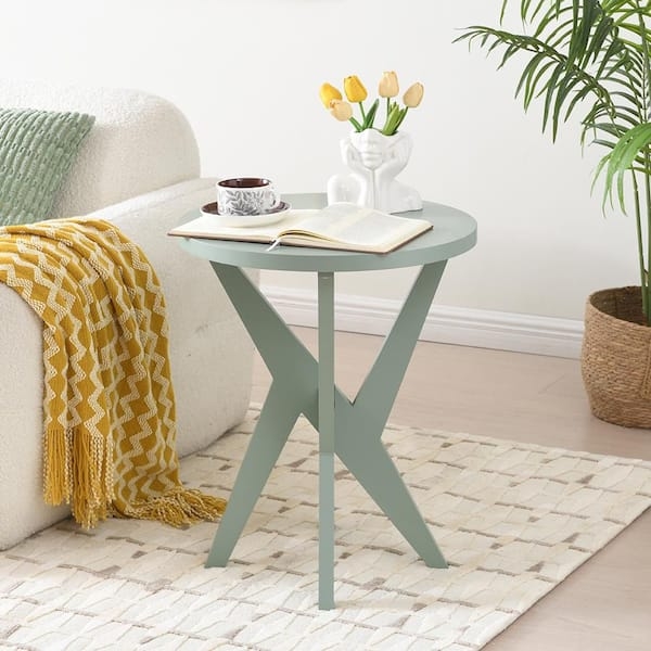 End Table Round Matte Sage Green X-Brace Modern Minimalist