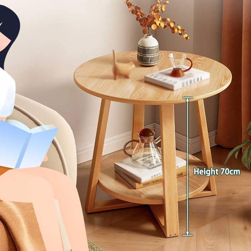 End Table Round Natural Wood Storage Shelf Scandinavian Style