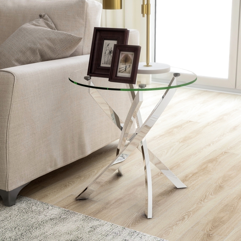 End Table Round Polished Chrome X-Cross Base Glass Top