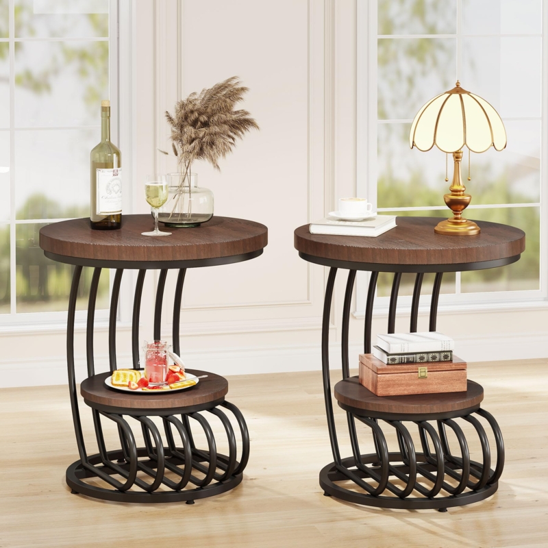 End Table Round Rustic Brown Top Arc-Shaped Metal Frame Two-Tier Set