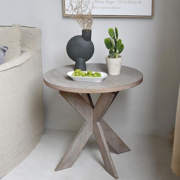 End Table Round Rustic Brown Wood Pedestal X-Base