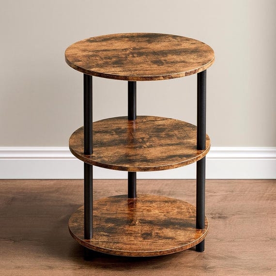 End Table Round Silhouette Three Tier Rustic Brown Metal Frame Narrow