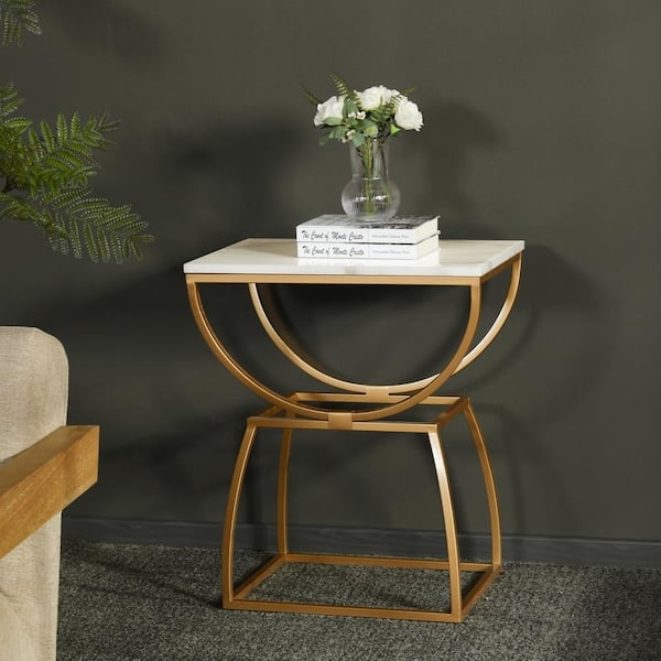 End Table Round Stone Like Top Gold Tripod Base Glam Styling