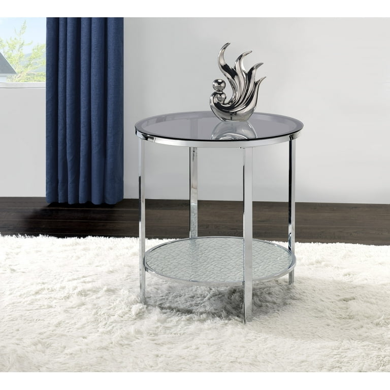 End Table Round Tempered Glass Top Polished Chrome Cross-Base