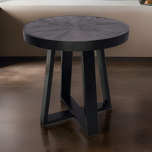 End Table Round Thick Wood Top Black Iron Industrial