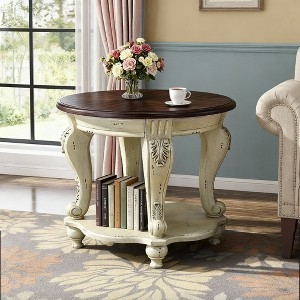End Table, Round Top & Open Shelf, Two-Tone Espresso & Beige Finish
