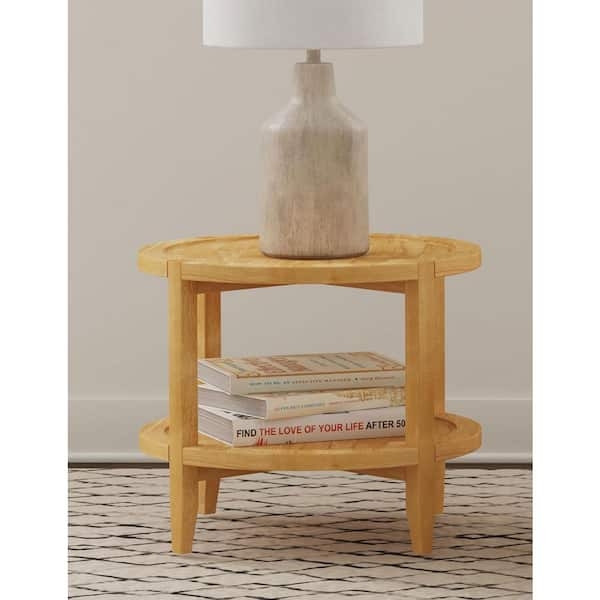 End Table Round Top, Scandinavian Style, Lower Shelf Feature.