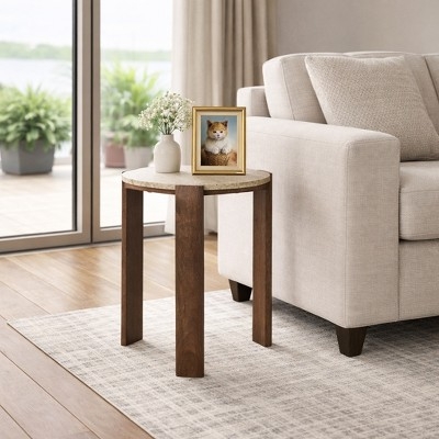 End Table Round Travertine Top Wooden Tripod Base Brown & Tan Accent