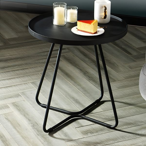 End Table Round Tray Top Matte Metal Sled Base