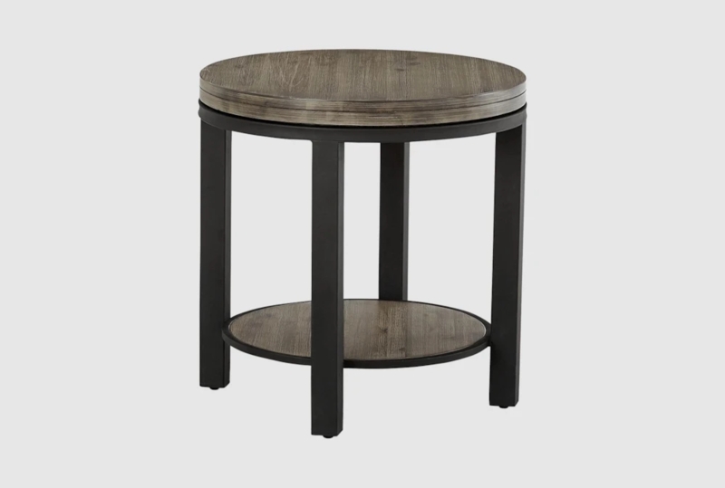 End Table Round Tripod Base Washed Grey Wood Black Metal Frame