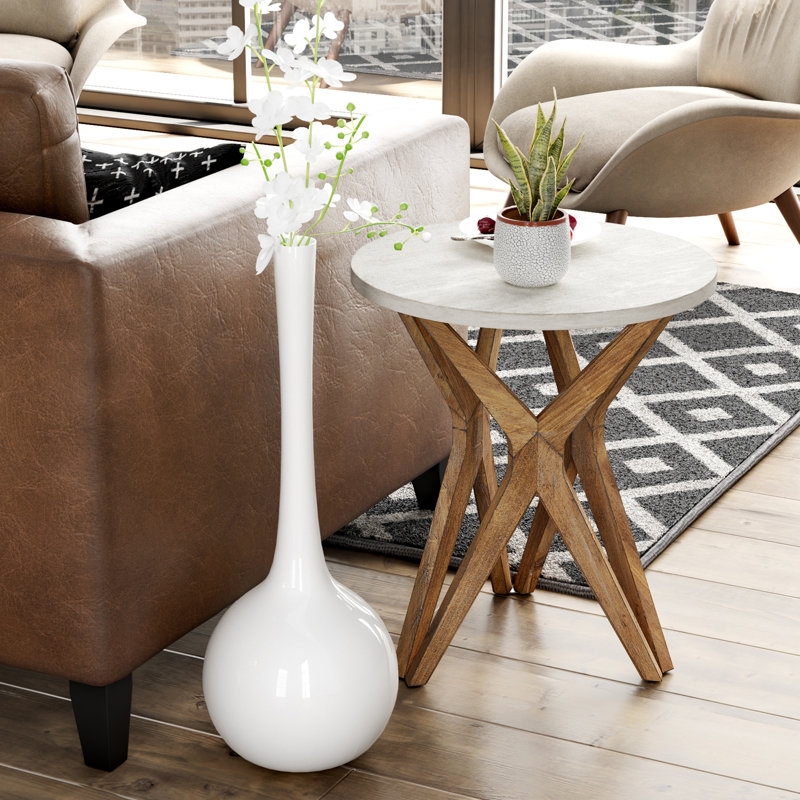 End Table Round Tripod Distressed White Top Boho Style