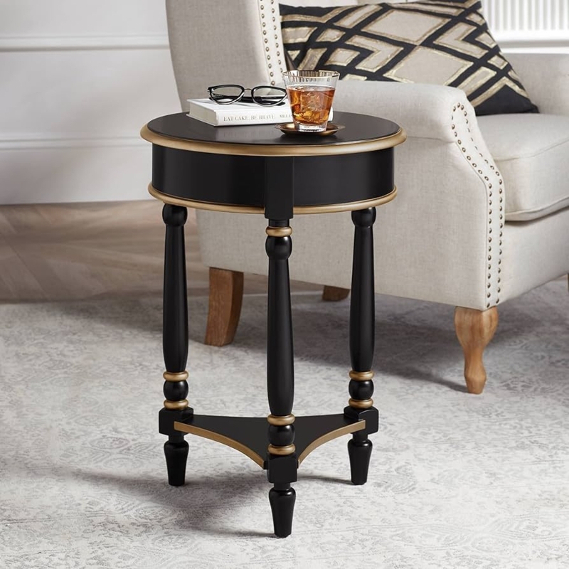 End Table, Round Two-Tier Design, Black Shelves, Gold Slender Legs