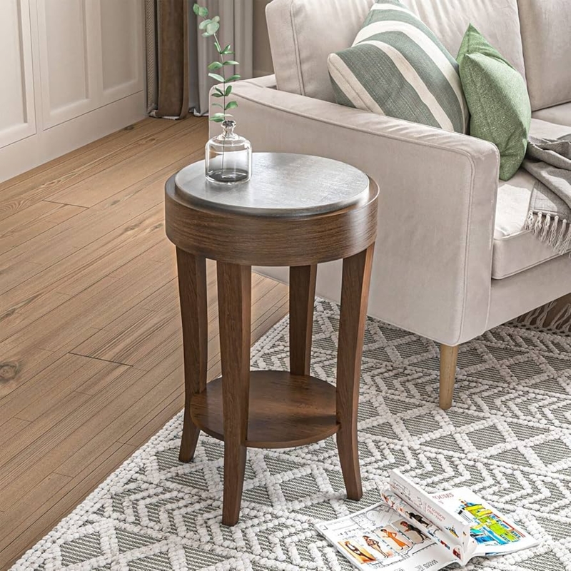 End Table Round Two Tier Distressed Glaze Finish Turned Legs Brown