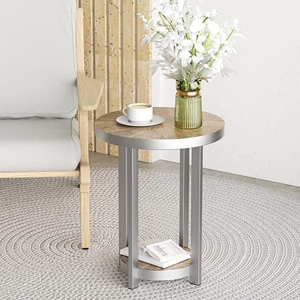 End Table Round Two-Tier Wood Toned Shelves Polished Silver Frame