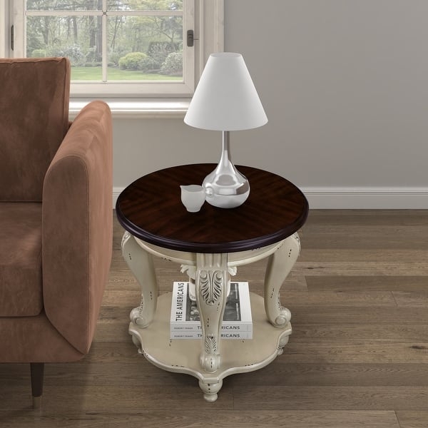 End Table, Round Two-Tone White Top, Natural Wood Tapered Legs