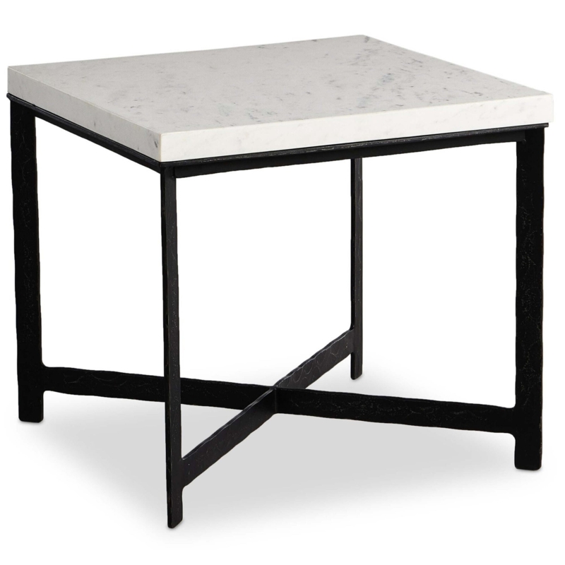 End Table Round White Marble Top with Hammered Iron Base