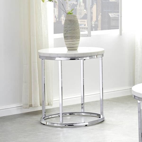 End Table Round White Top Chrome Curved Tripod Legs