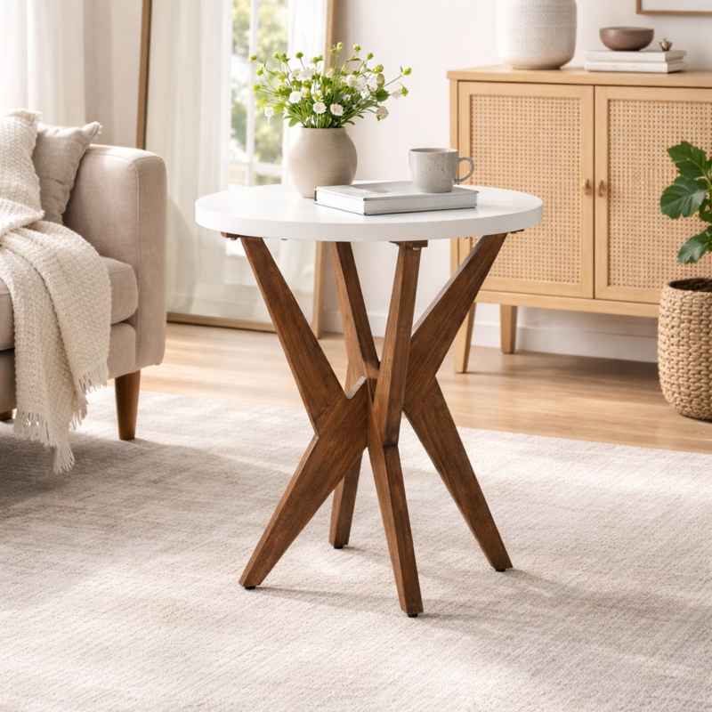 End Table Round White Top Tapered Wood Legs Mid Century