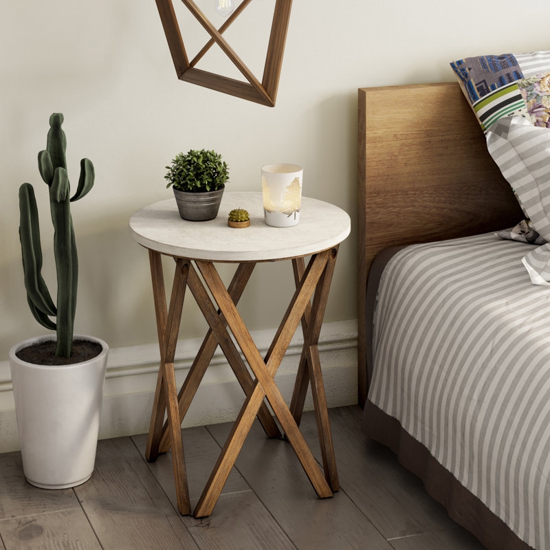 End Table Round White Top Wood X-Brace Modern Farmhouse