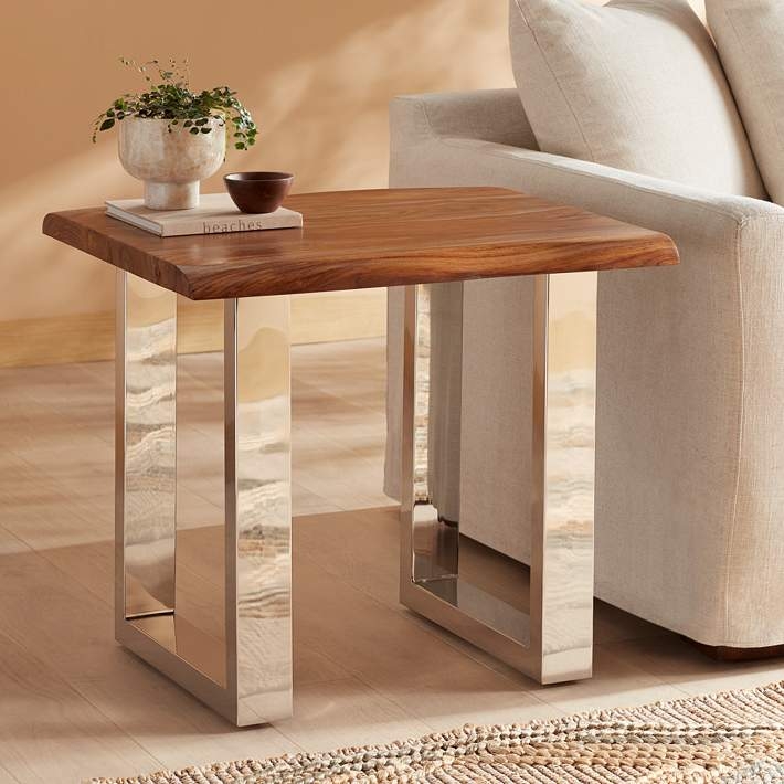 End Table Round Wood Toned Raw Edge Top Chrome Branch Legs
