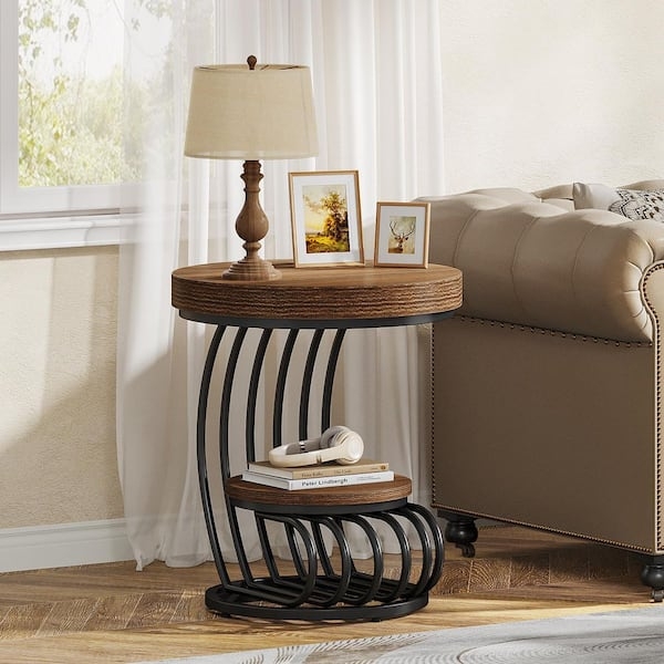 End Table Round Wood Top, Black Metal Cross-Base End Table Modern