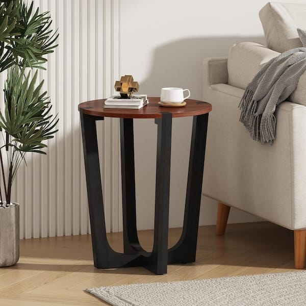 End Table Round Wood Top Black Metal Cross Legs Industrial