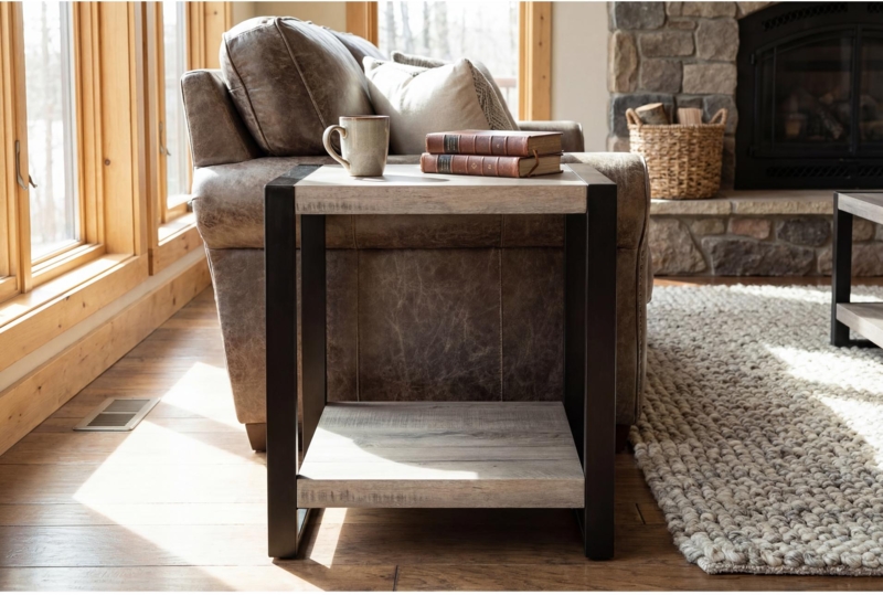 End Table Round Wood Top Black Metal Sled Base